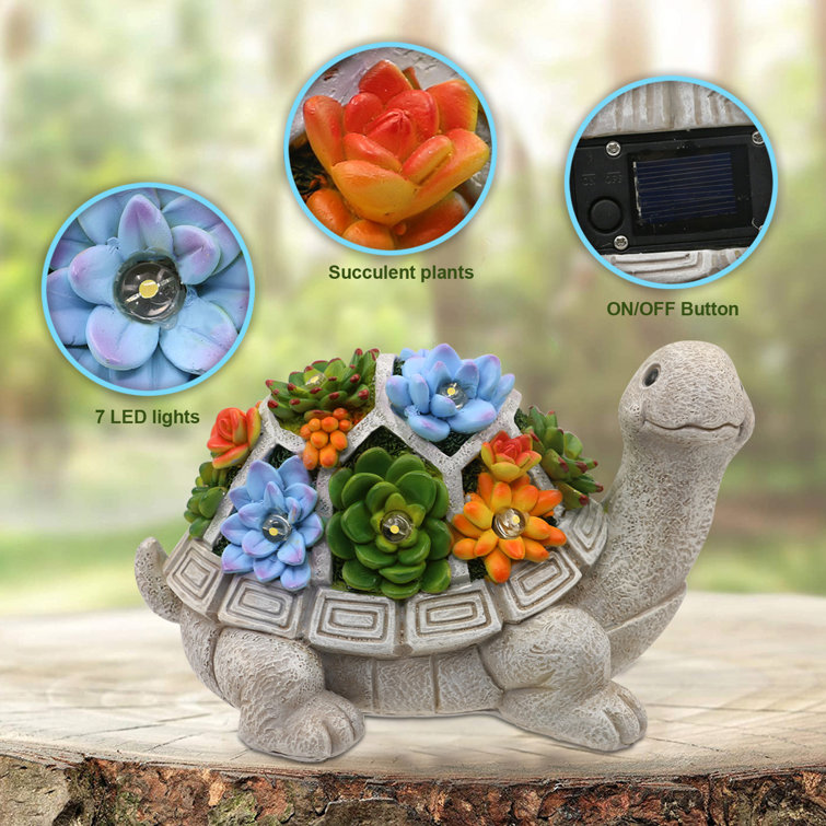 7 LED Lights - Solar Outdoor Lawn Decor Garden Tortoise Statue with  Succulent